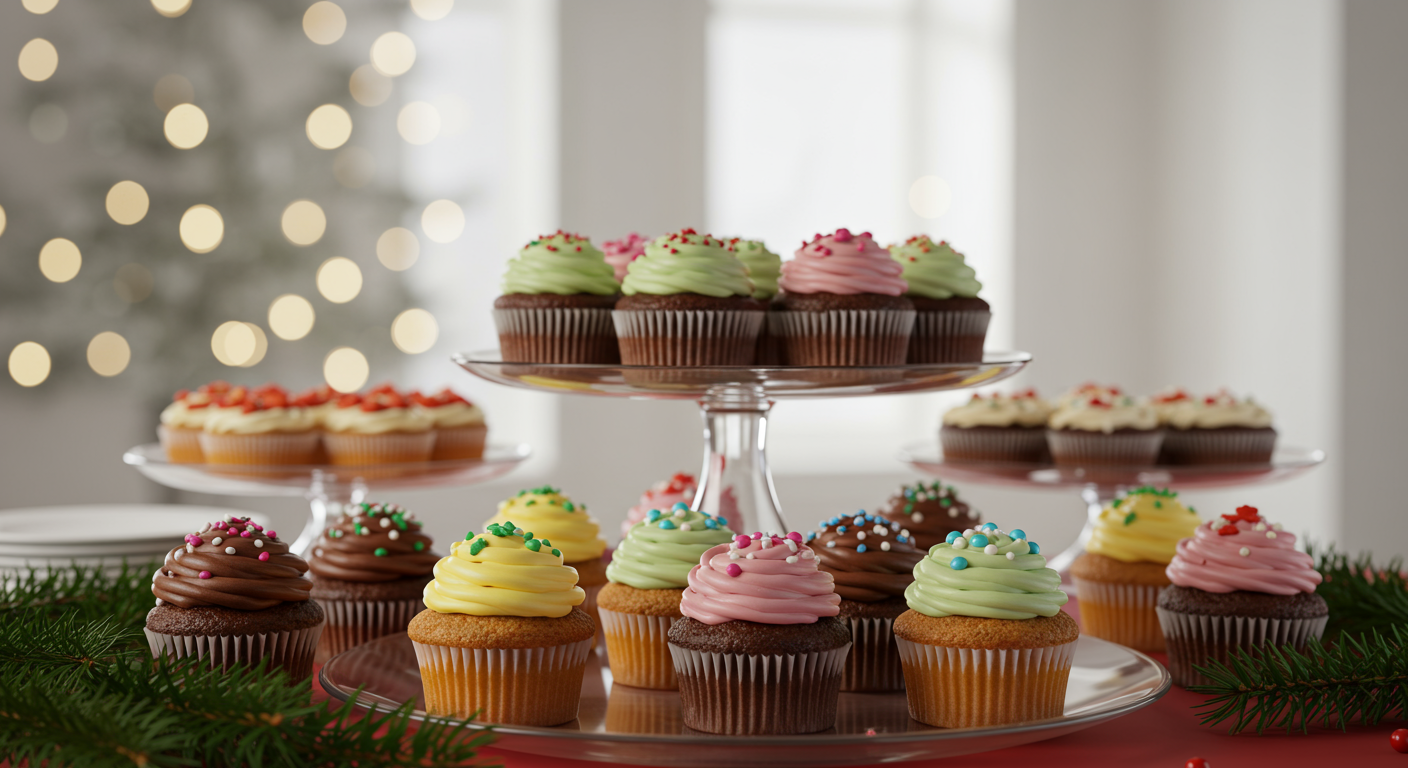 Colorfully frosted cupcakes with sprinkles arranged on glass stands among evergreen branches and festive lights.