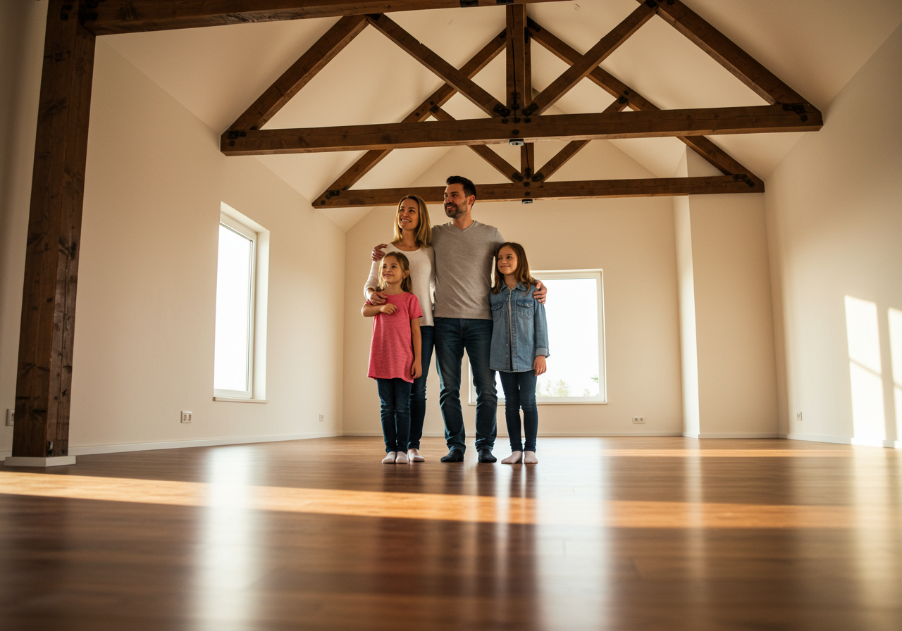 Family looking at their new house