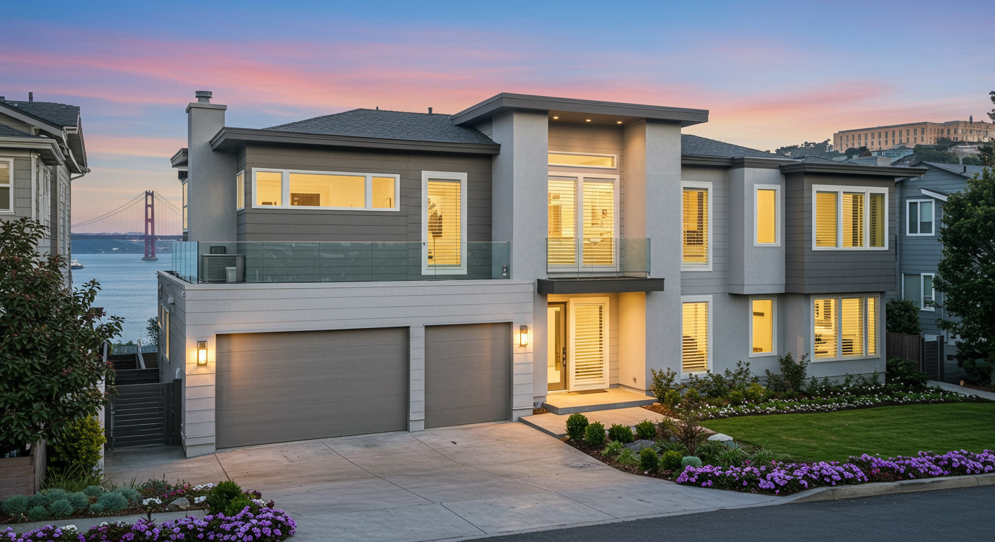 Modern gray home with lit windows, glass balcony, and Golden Gate Bridge across the bay.