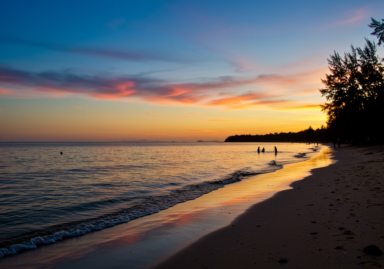 Wide beach and palm trees at Doheny State Beach, Dana Point