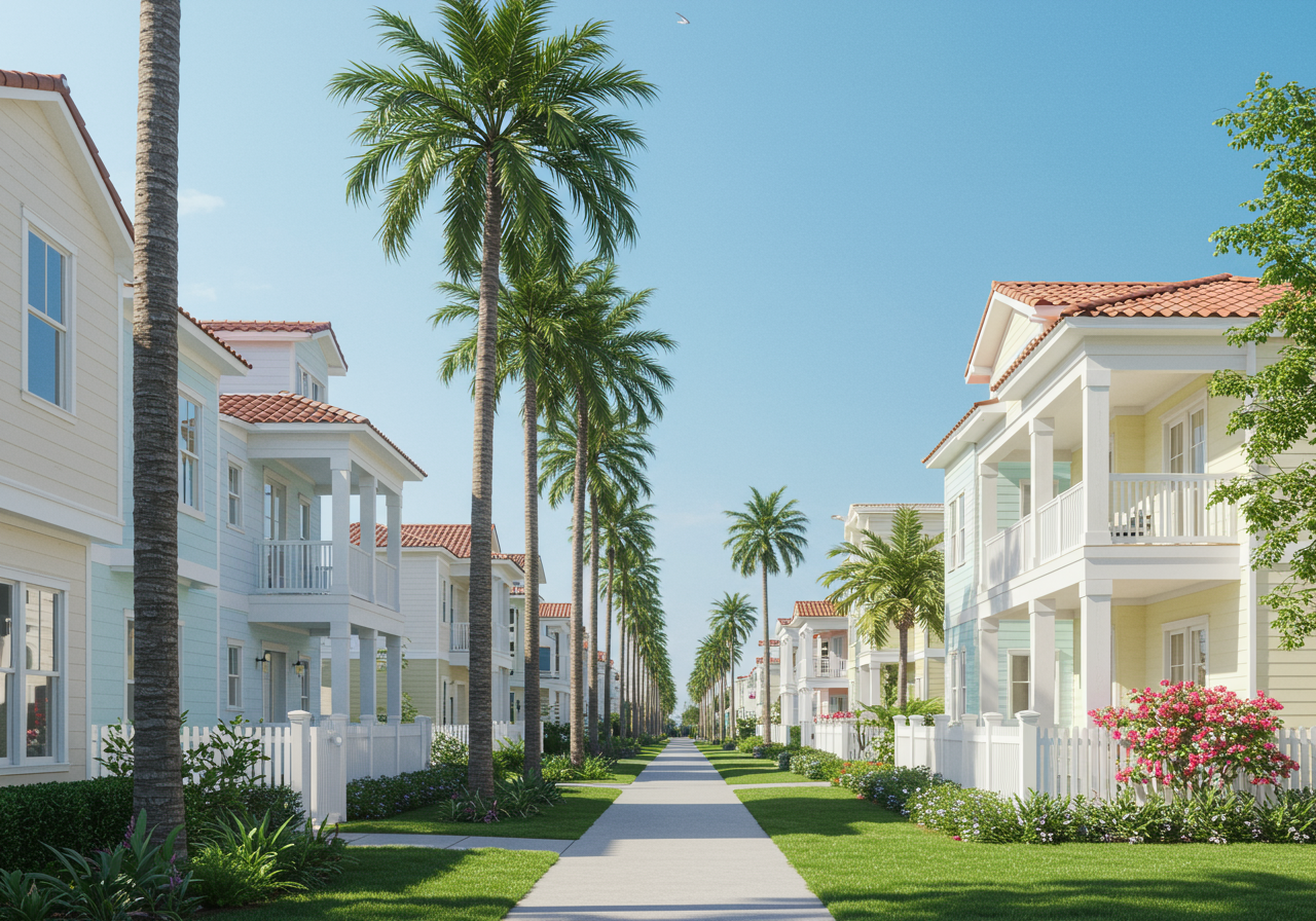 Palm-lined street with pastel-colored houses and lush greenery evokes a tropical paradise