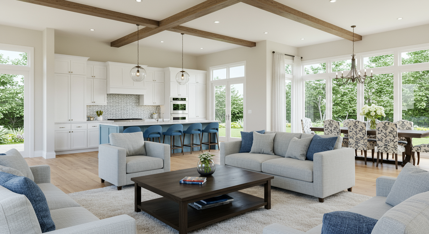 Large great room with high ceilings and open concept floorplan