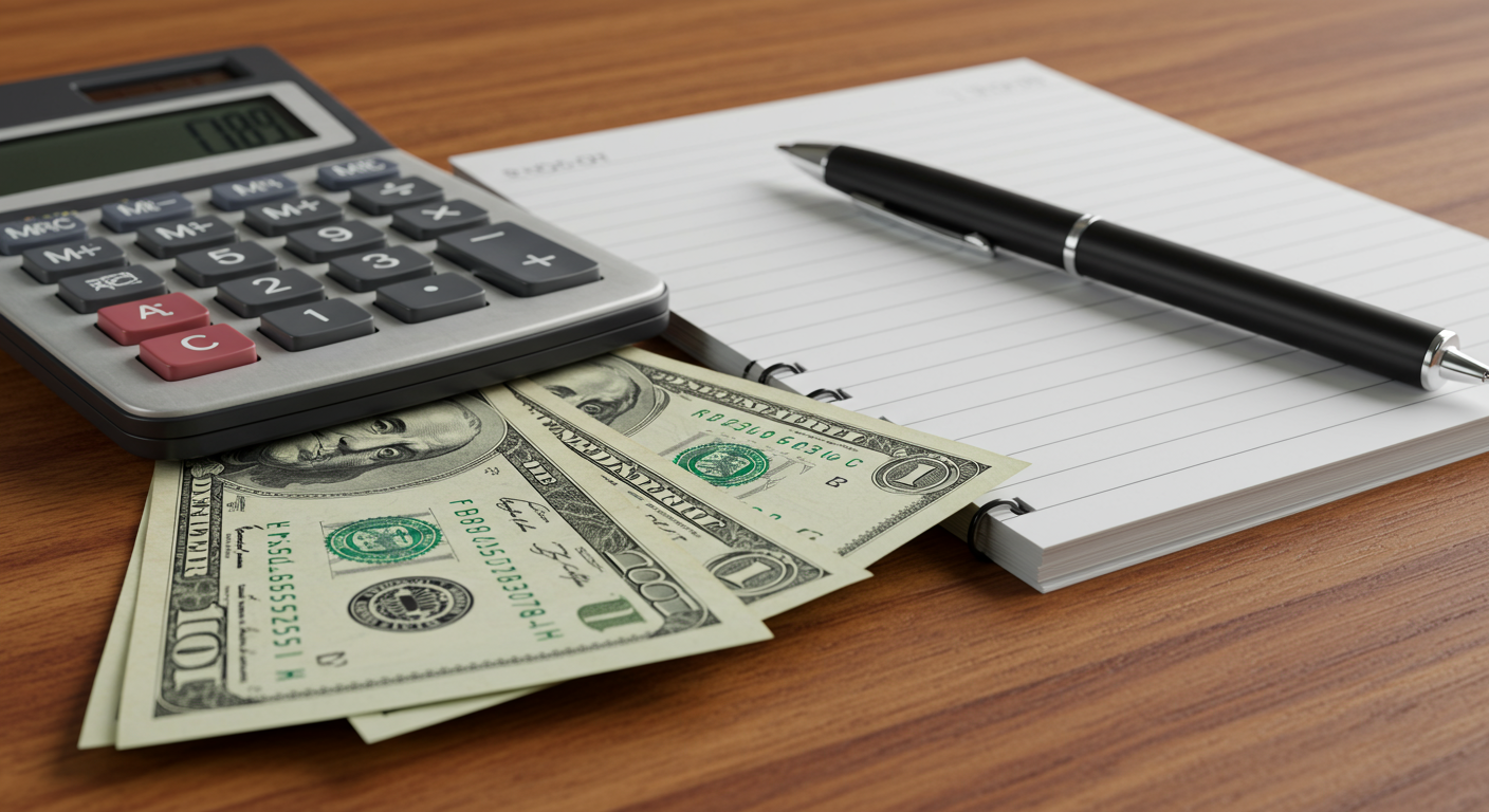 A calculator, a notepad, and a pen on top of a pile of dollars.