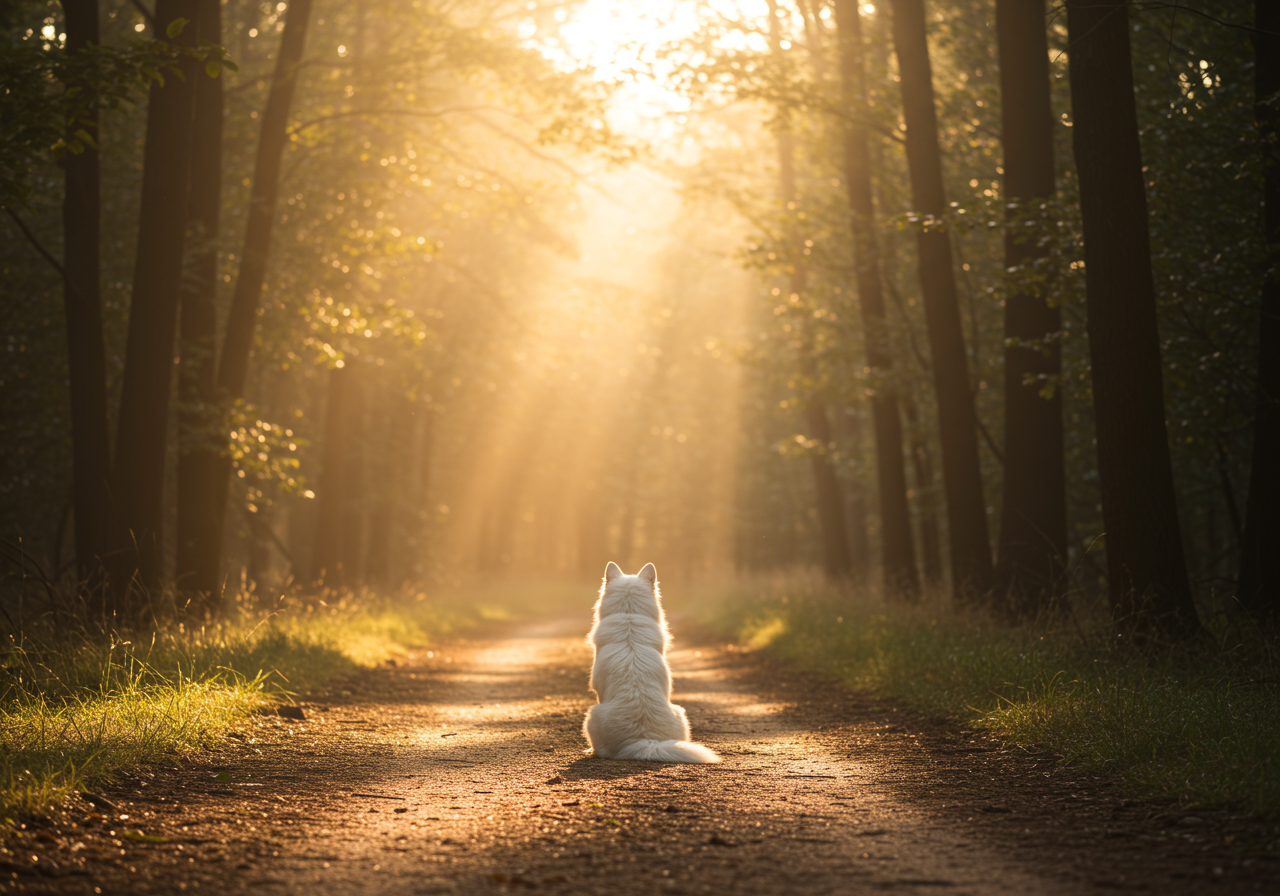 A golden Retriever dog setying in a forest at sunset.