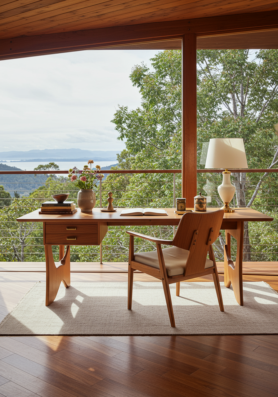 A vintage Poul Hundevad chair from Morentz pulls up to a French farm table from Didier Abbeloos in a corner of the...