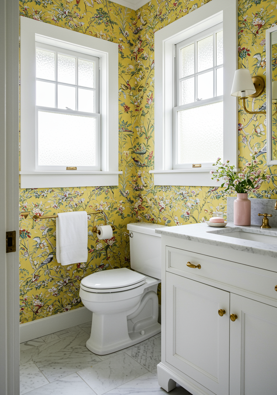 classic wallpaper in bathroom