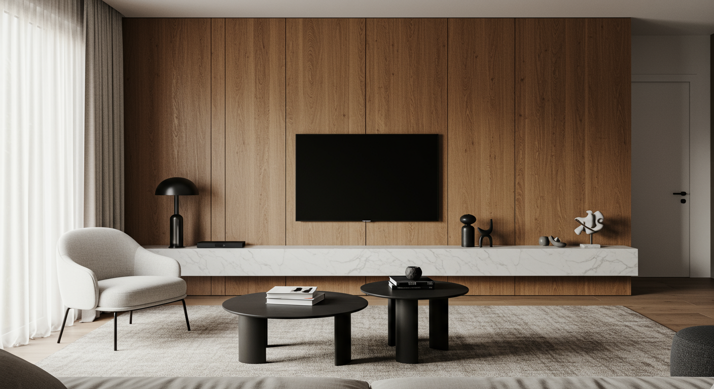 Contemporary living room with a minimalist white chair, round coffee tables, wall-mounted TV, and a sleek linear fireplace.