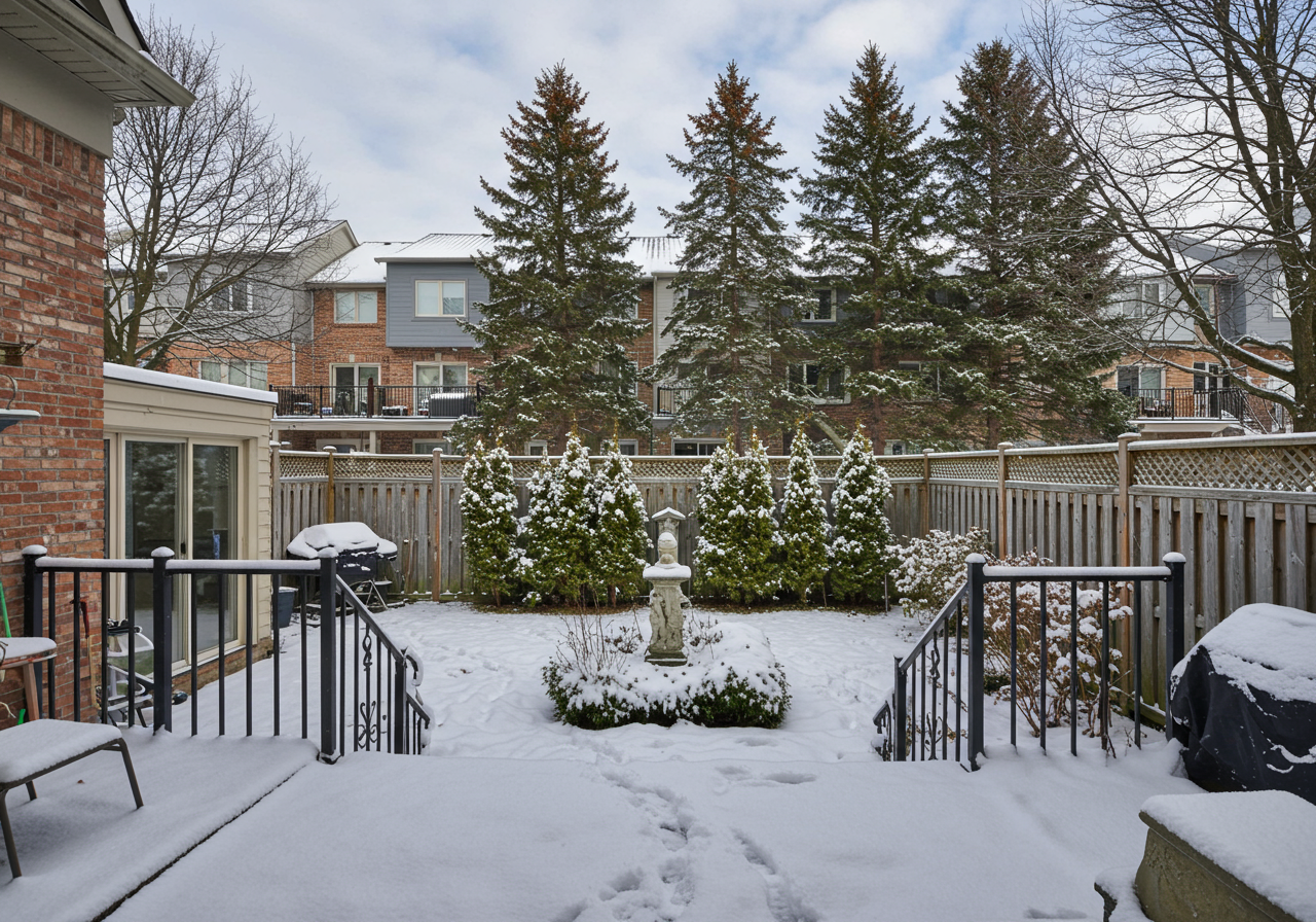 Snowy backyard patio with black railings, a wooden fence, evergreens, and a small garden statue.