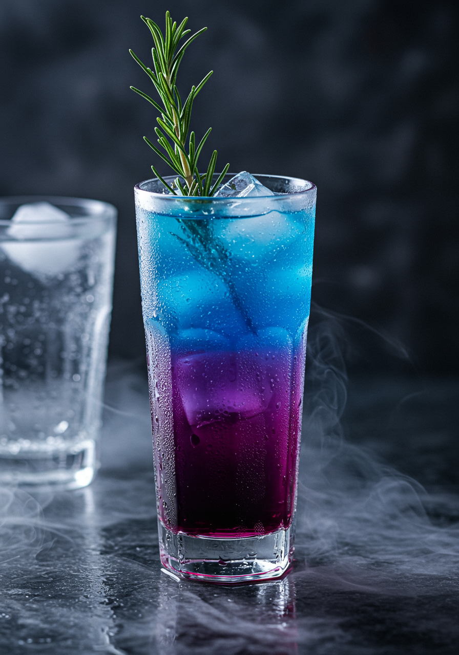 purple and blue layered drink with rosemary
