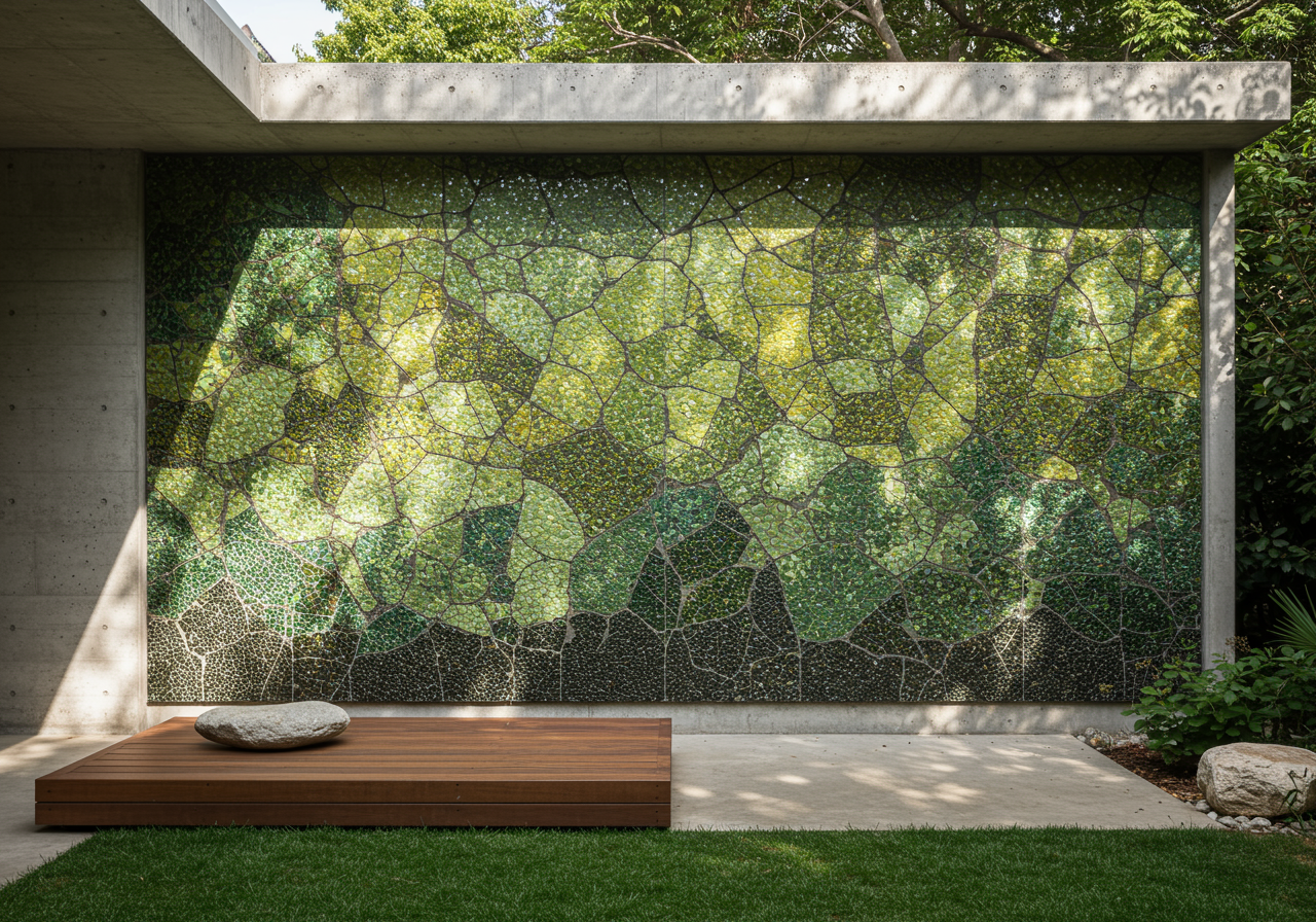 An outdoor shower on the pool deck features a tile mural by Sofía Londoño.