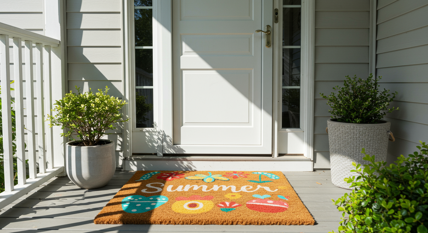 A welcome doormat with "hello summer" written on it