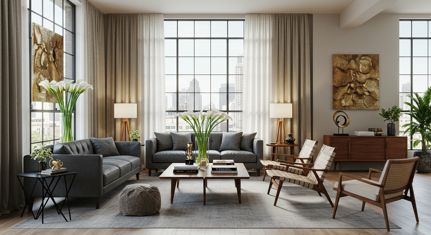 In the doubleheight living room of Andre Mellones Chelsea duplex apartment the designer anchored the room with two...