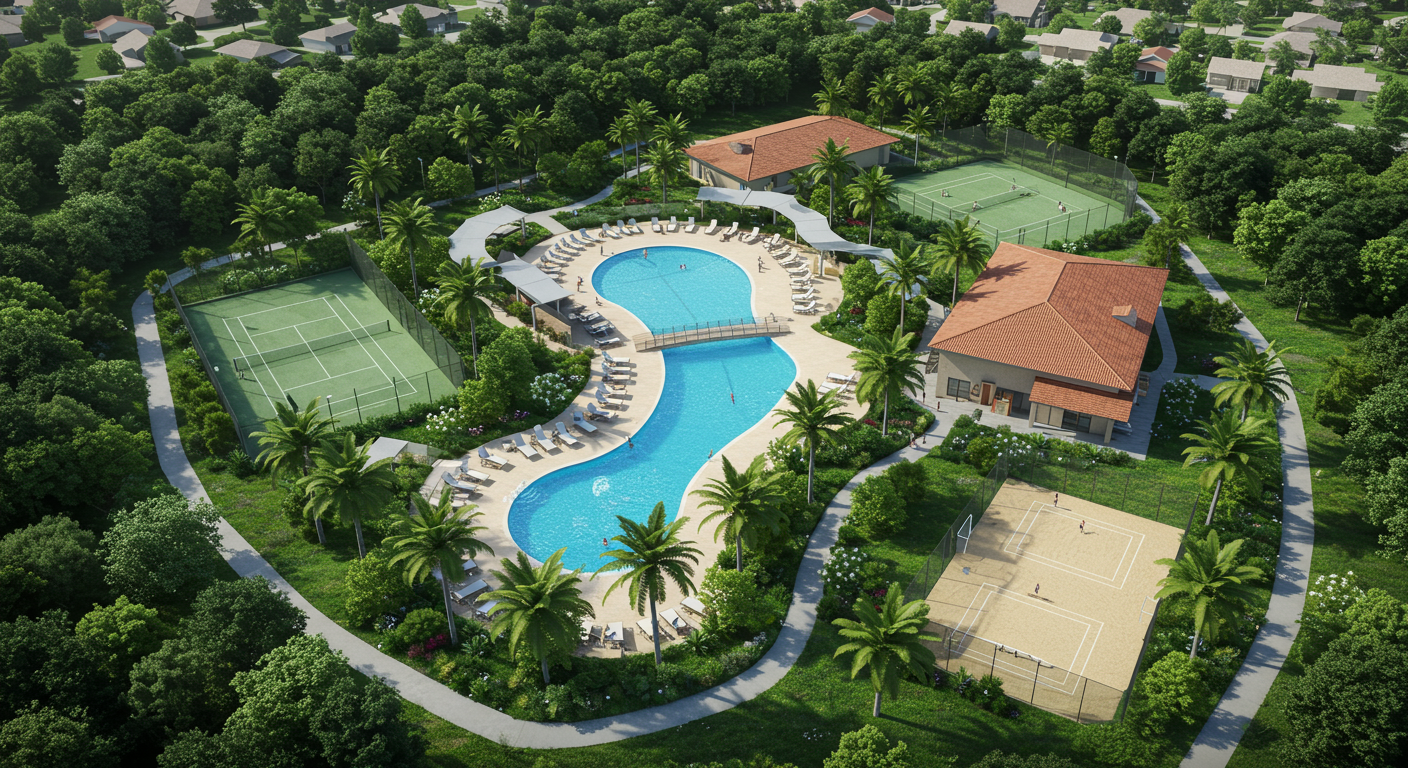 Aerial view of the swimming pools and sand courts at the Athletic Club