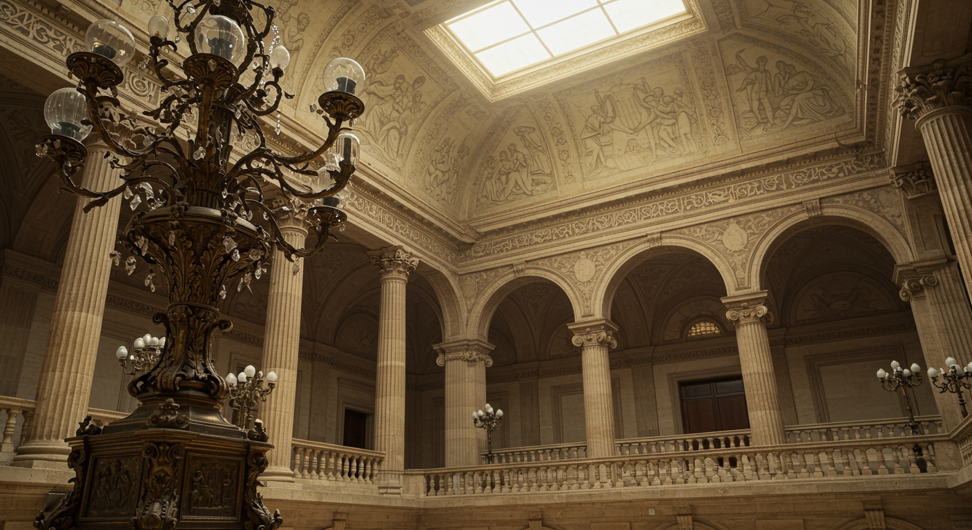 Photo revealing the grand interior of San Francisco City Hall, showcasing a majestic chandelier amidst towering marble columns and arched openings