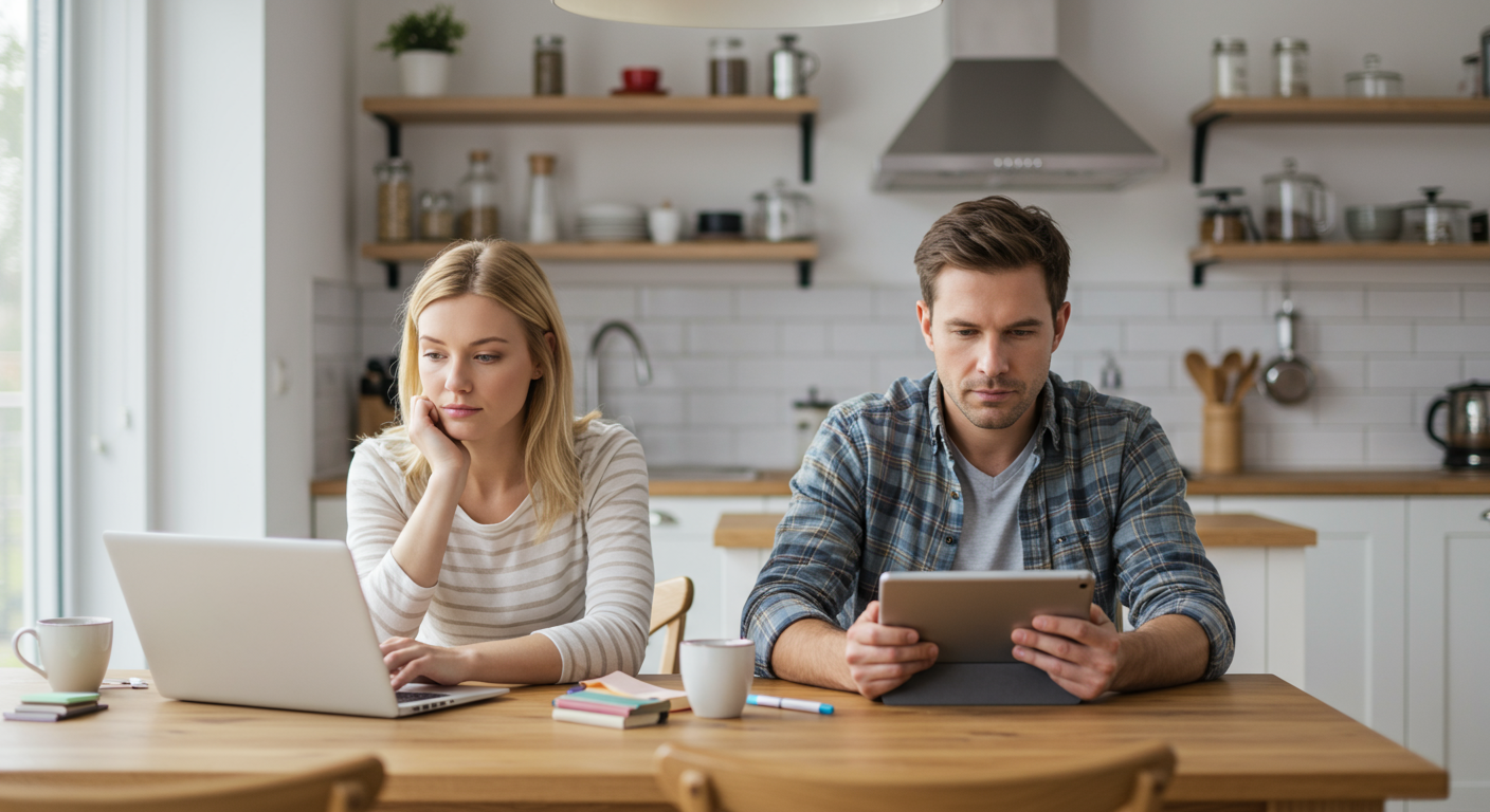 Couple using a laptop and tablet at a kitchen table with a notebook and pens.
