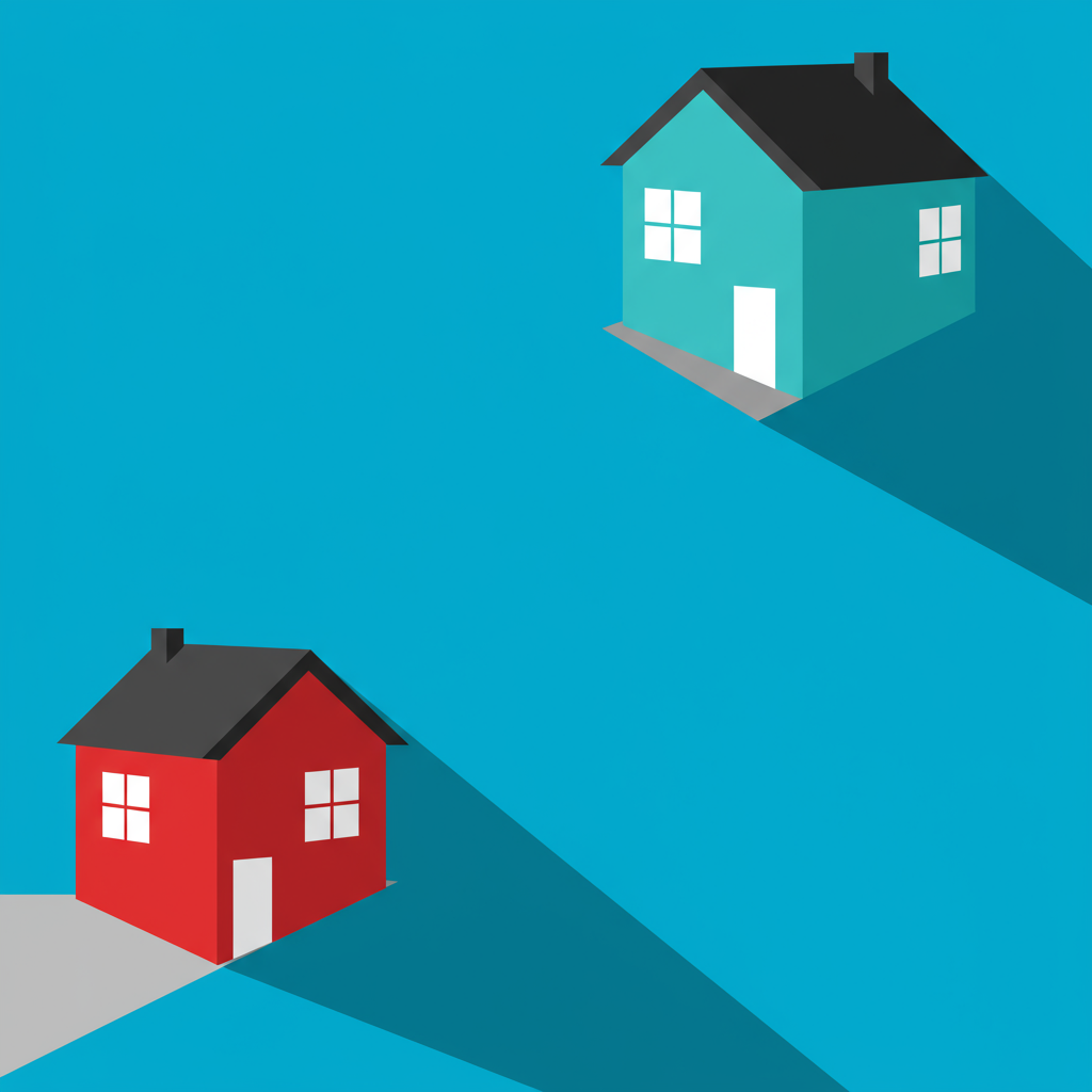 Red and teal houses with dark roofs and long shadows on a turquoise background.