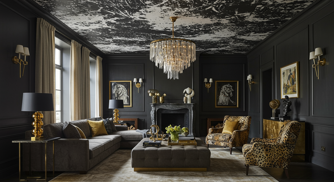 Dark living room with patterned ceiling
