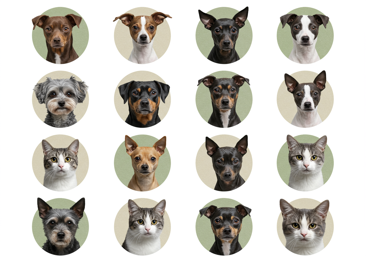 A series of close up photos of different dogs' faces