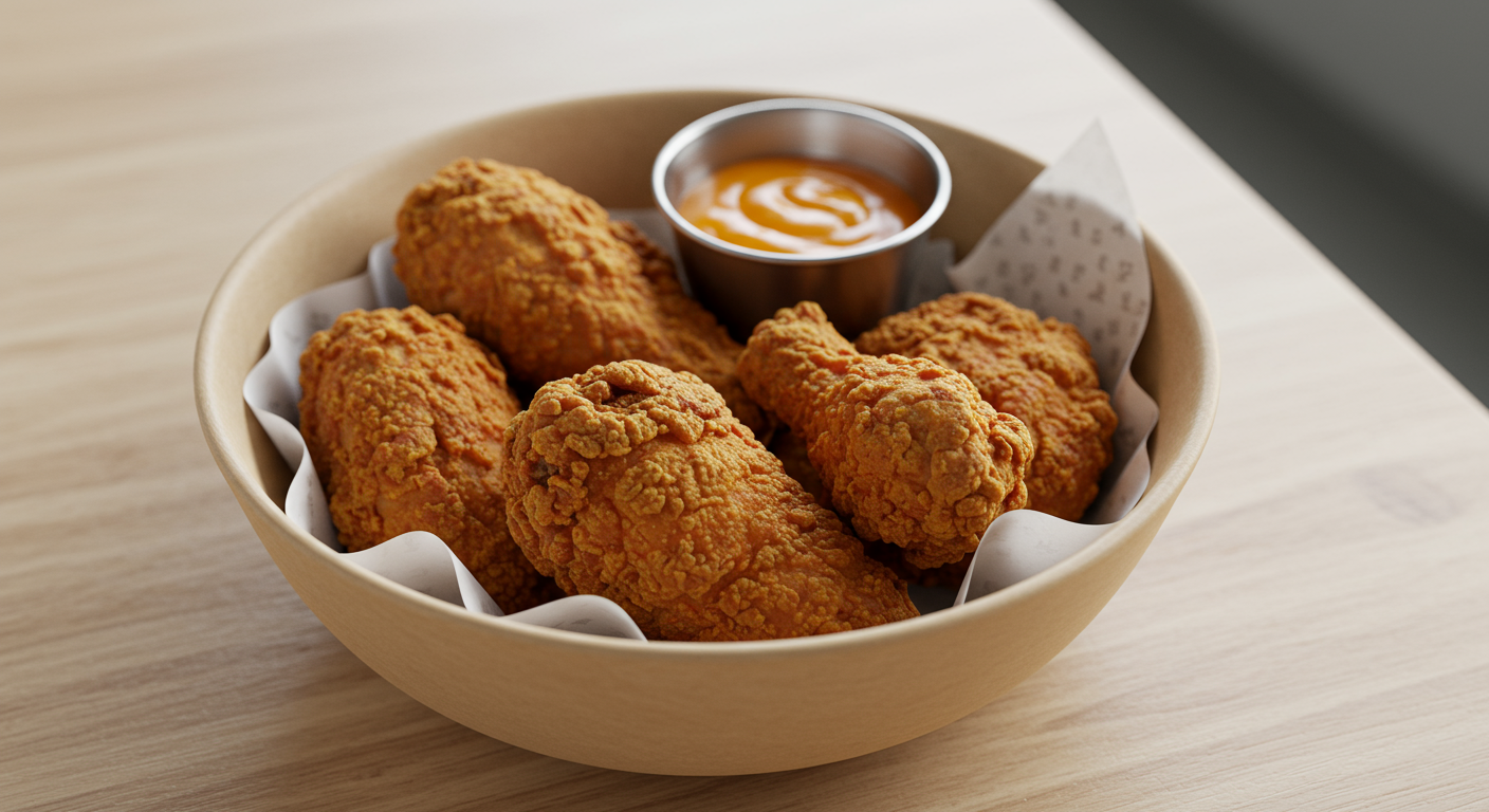 A bowl of fried chicken with dipping sauce.