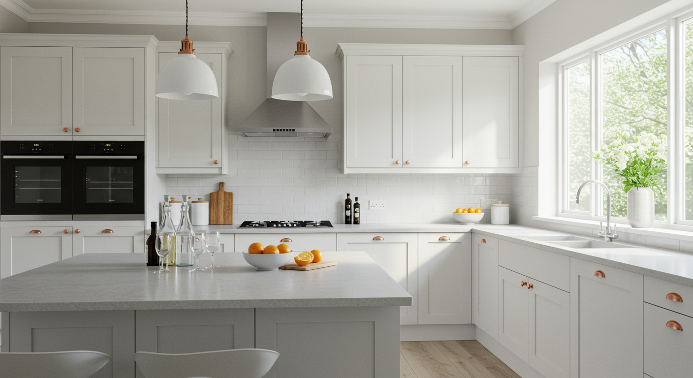 White kitchen with grey wall paint