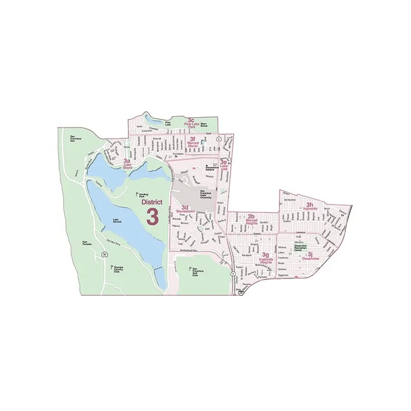 A detailed map of District Three in San Francisco, California. This map highlights the boundaries and key thoroughfares of District Three, providing valuable information about this dynamic neighborhood.