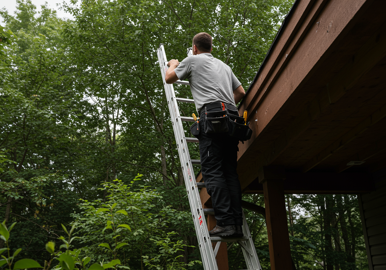 Man inspecting house on ladder outside