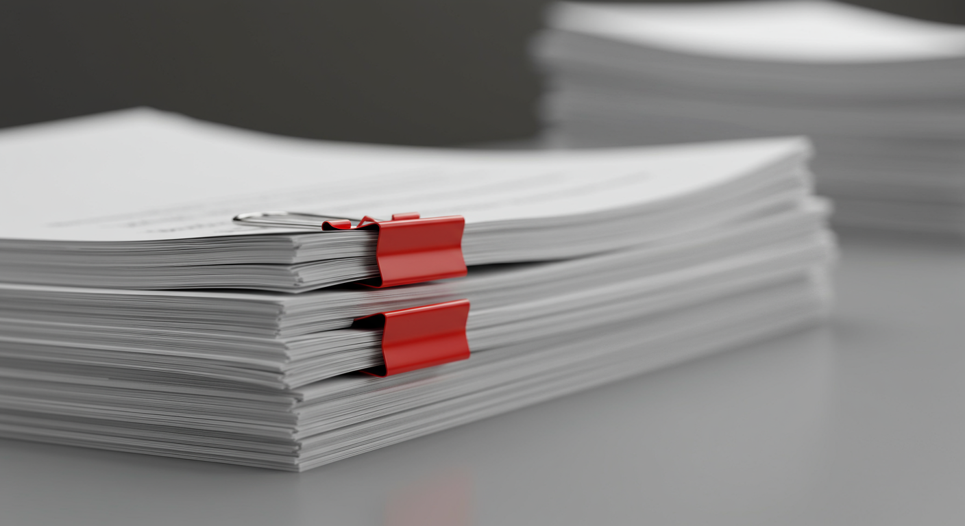 Stacked paperwork secured with two red binder clips.