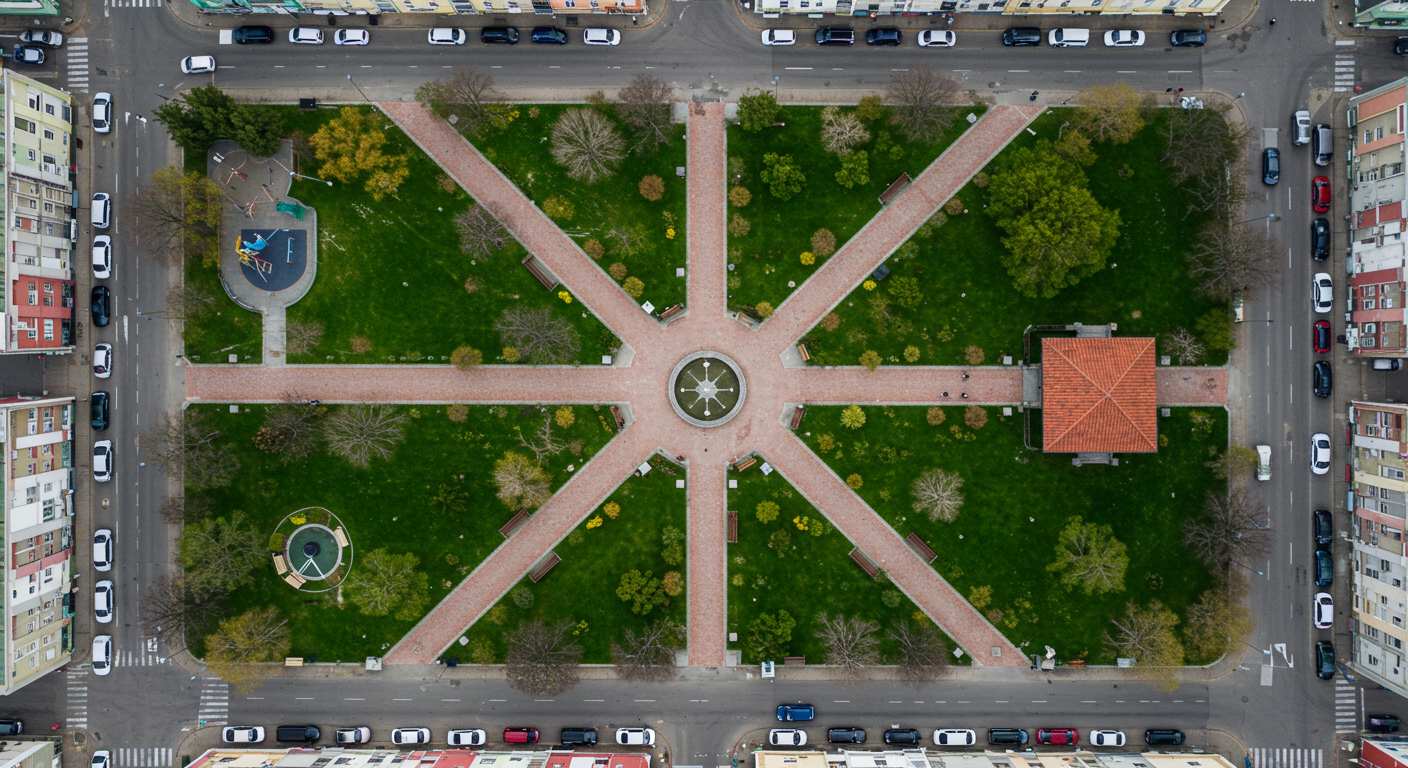 An aerial view looking straight down above Huntington Park in Nob Hill on California Street in San Francisco. Birds eye view looking down at the empty park