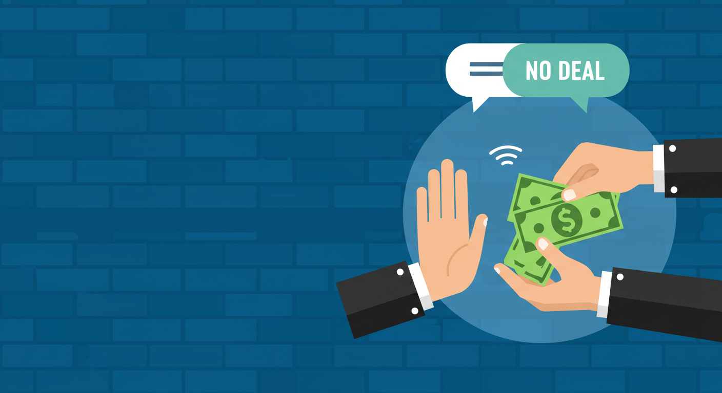 Illustration of a seller refusing cash, with a “NO DEAL” speech bubble.