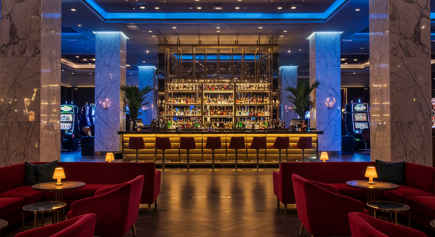 Upscale lounge with a bottle-lined bar, red seating, marble columns, and blue ceiling lights.