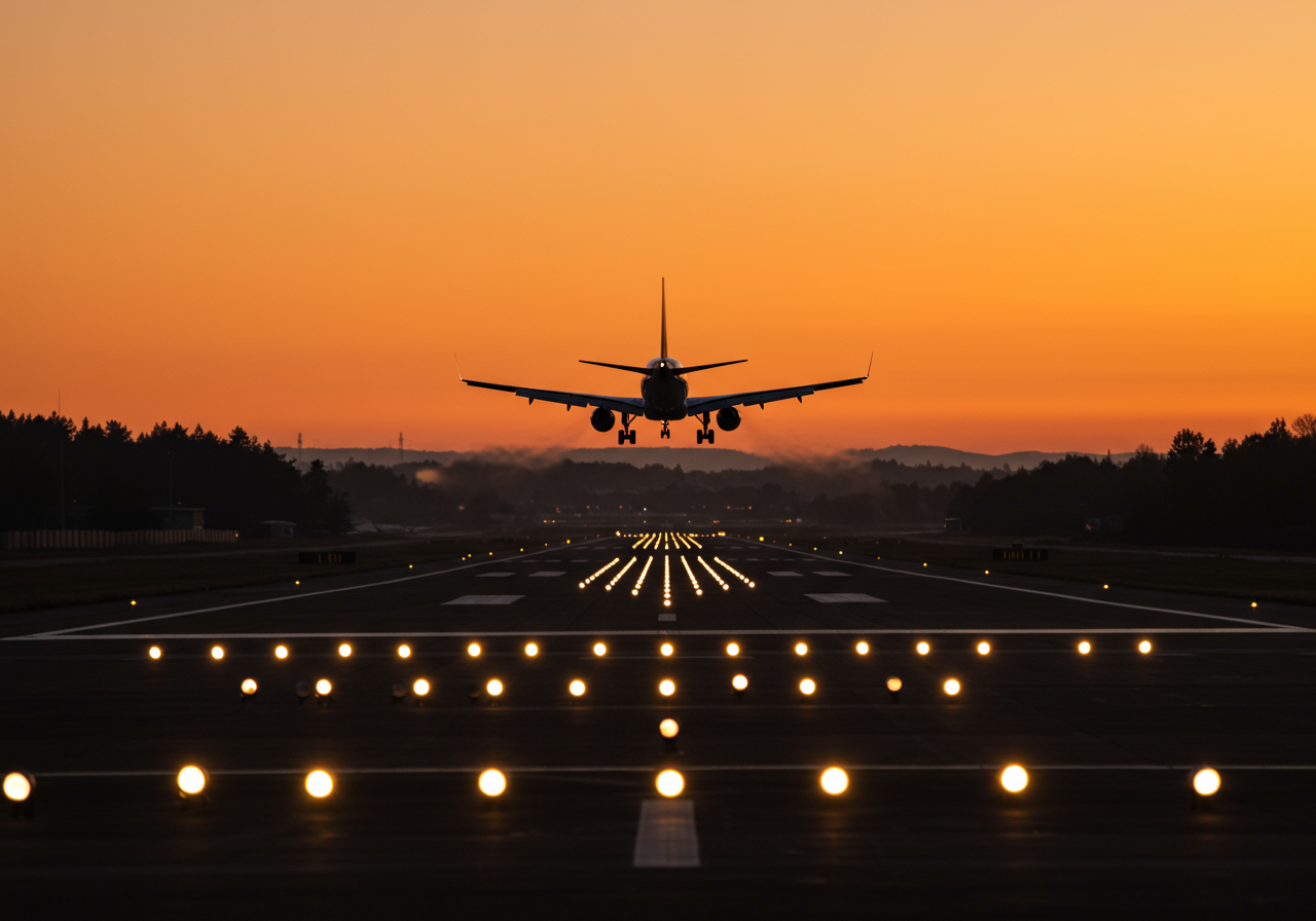 Airplane taking off at sunrise, travel and tourism