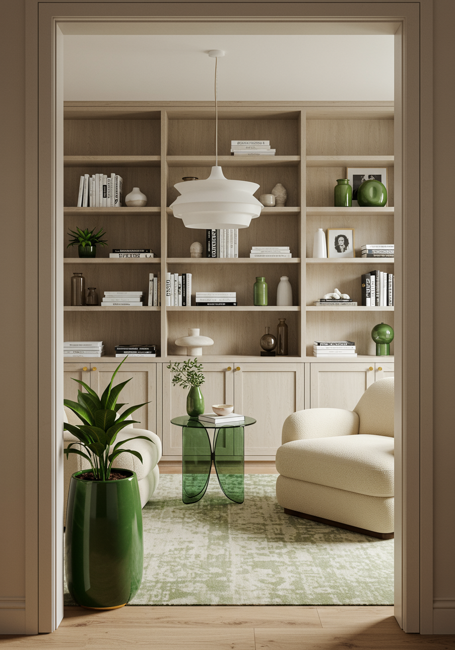 Image may contain Furniture Bookcase Home Decor Rug and Plant