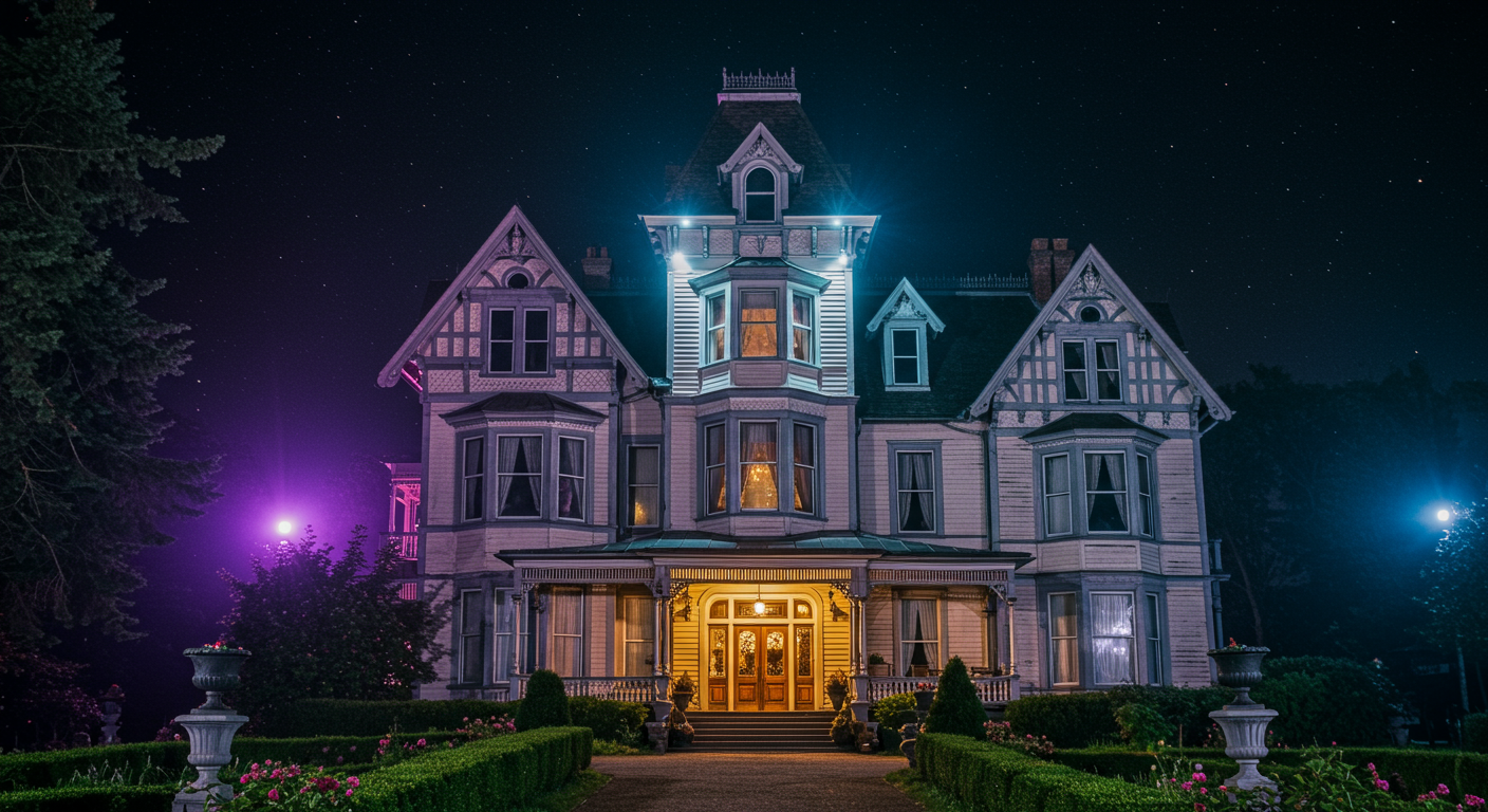 Winchester Mystery House lit up for Halloween event at night