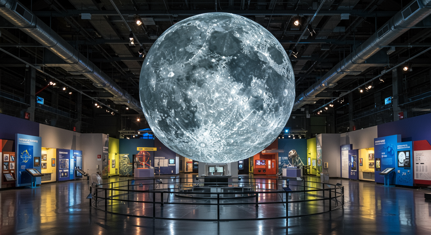 A glowing moon sculpture at the Exploratorium.