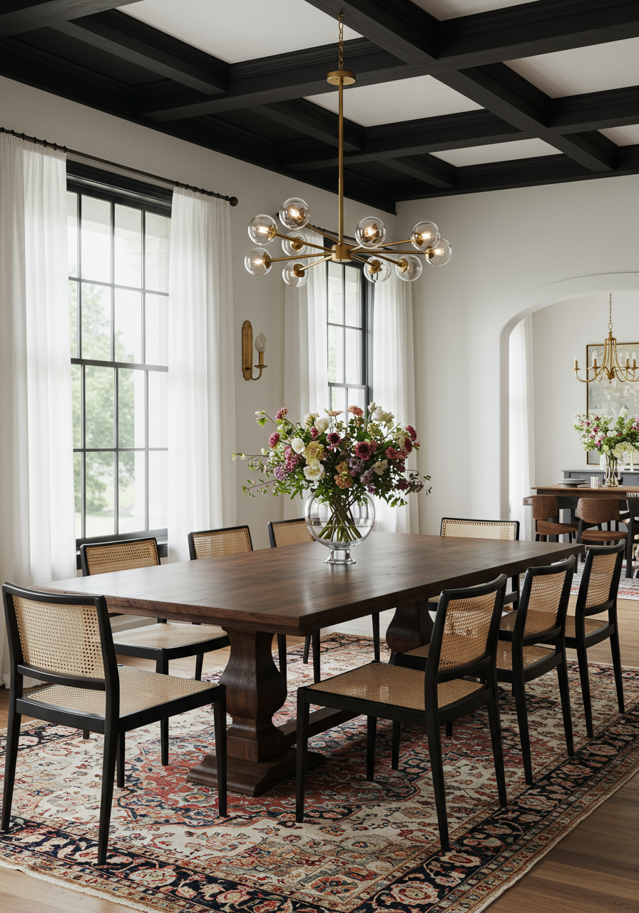 a spacious dining area with a long wooden table at its center, surrounded by several chairs with woven backs