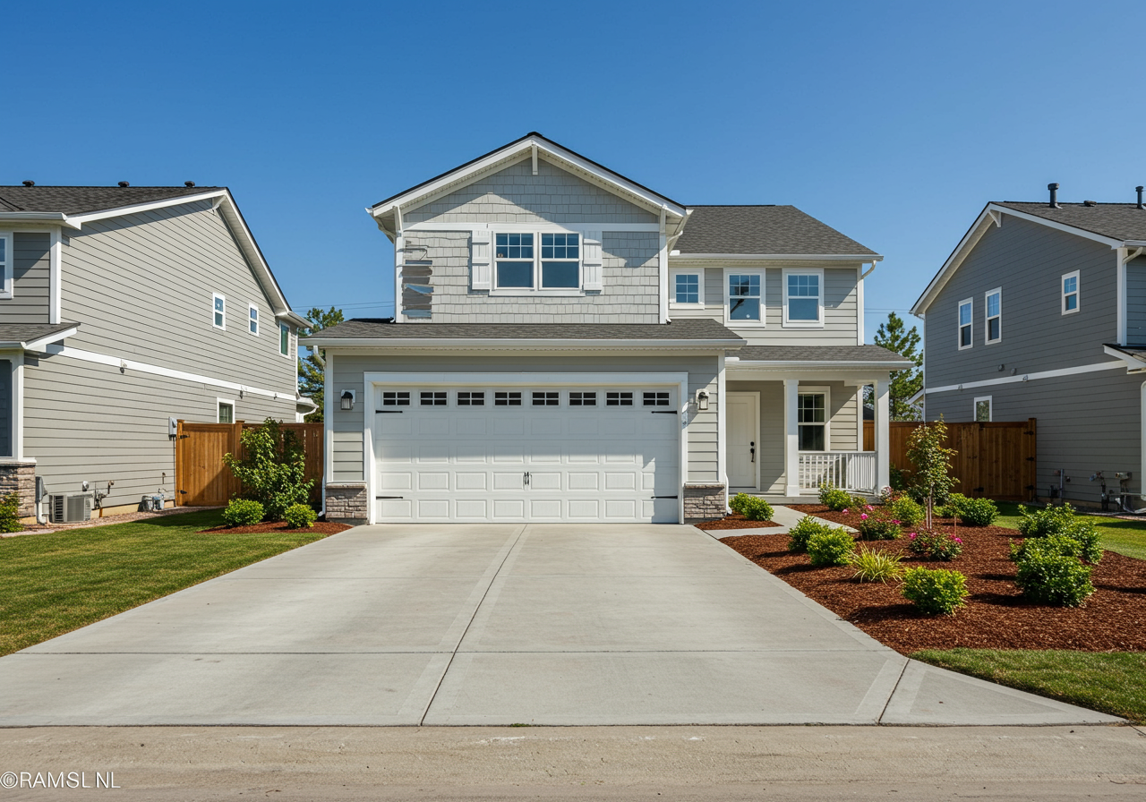 Blue home exterior with driveway and attached garage.