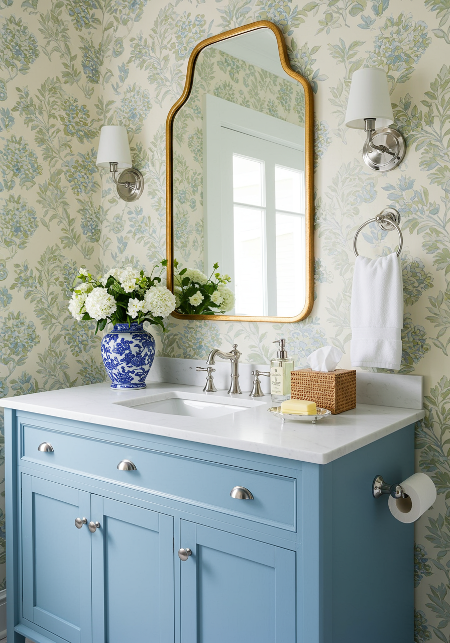 blue floral wallpaper with navy blue vanity storage and plaster flower wall sconces