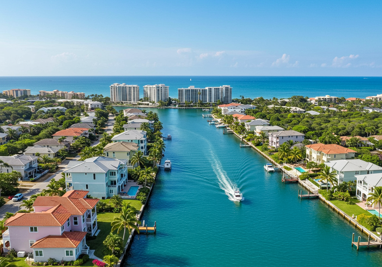 Aerial shot of Bonita Springs, Florida on a clear sunny morning in spring. Bonita Springs is a coastal town between Naples and Fort Myers, with the nickname "Gateway to the Gulf".