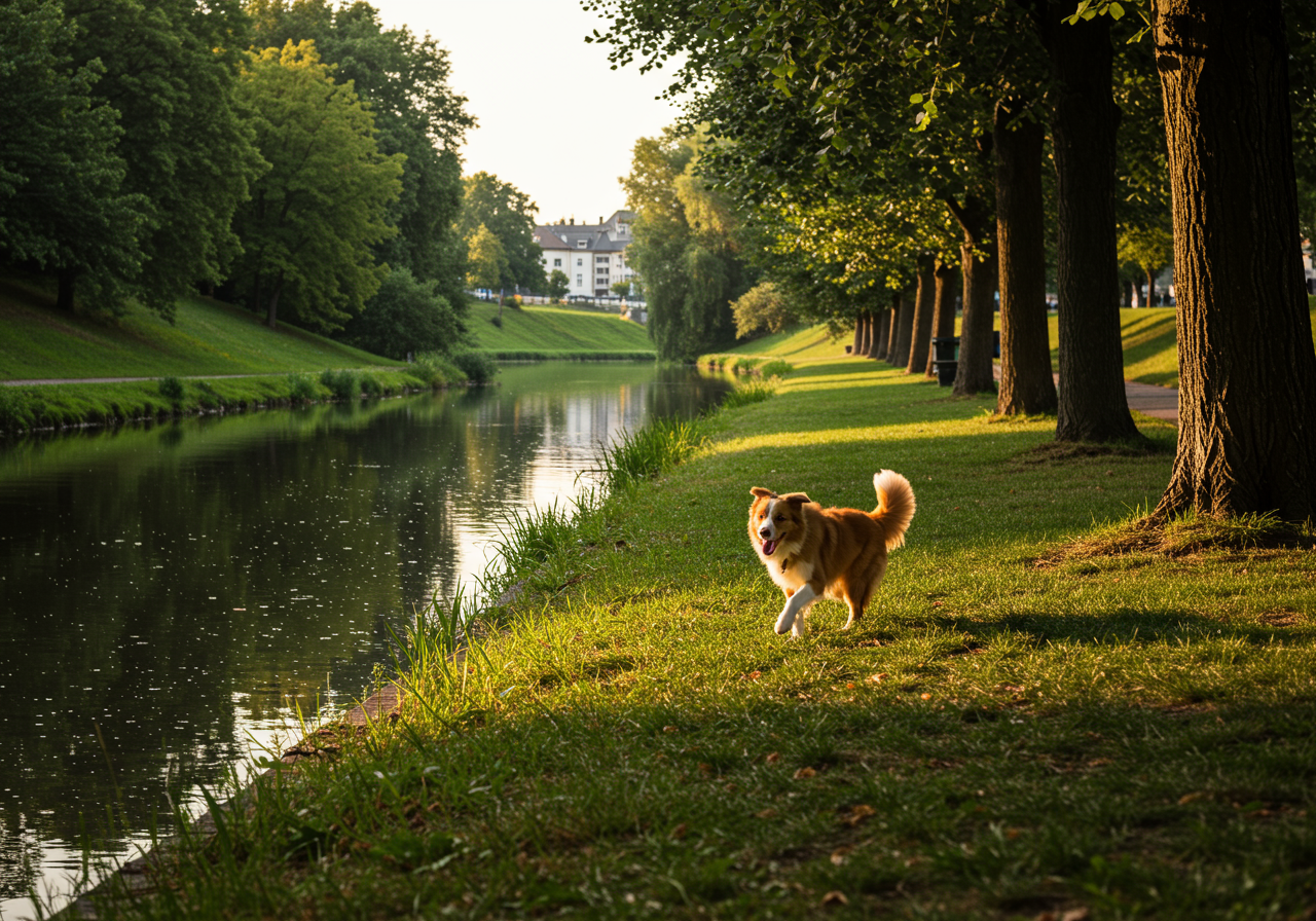Dogs playing in fenced areas of Los Gatos Creek County Dog Park with nearby walking trails.