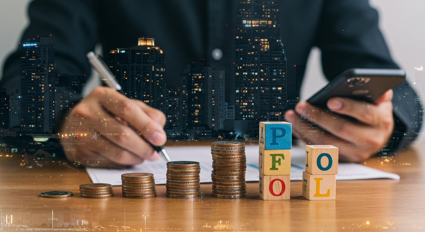 Increasing stacks of coins beside letter blocks as a person writes and checks a phone against a city skyline.