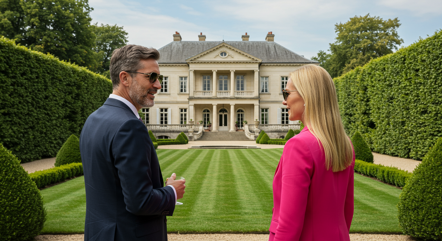 A man and woman stand in a manicured garden, facing a grand mansion with lush greenery and neatly trimmed hedges.