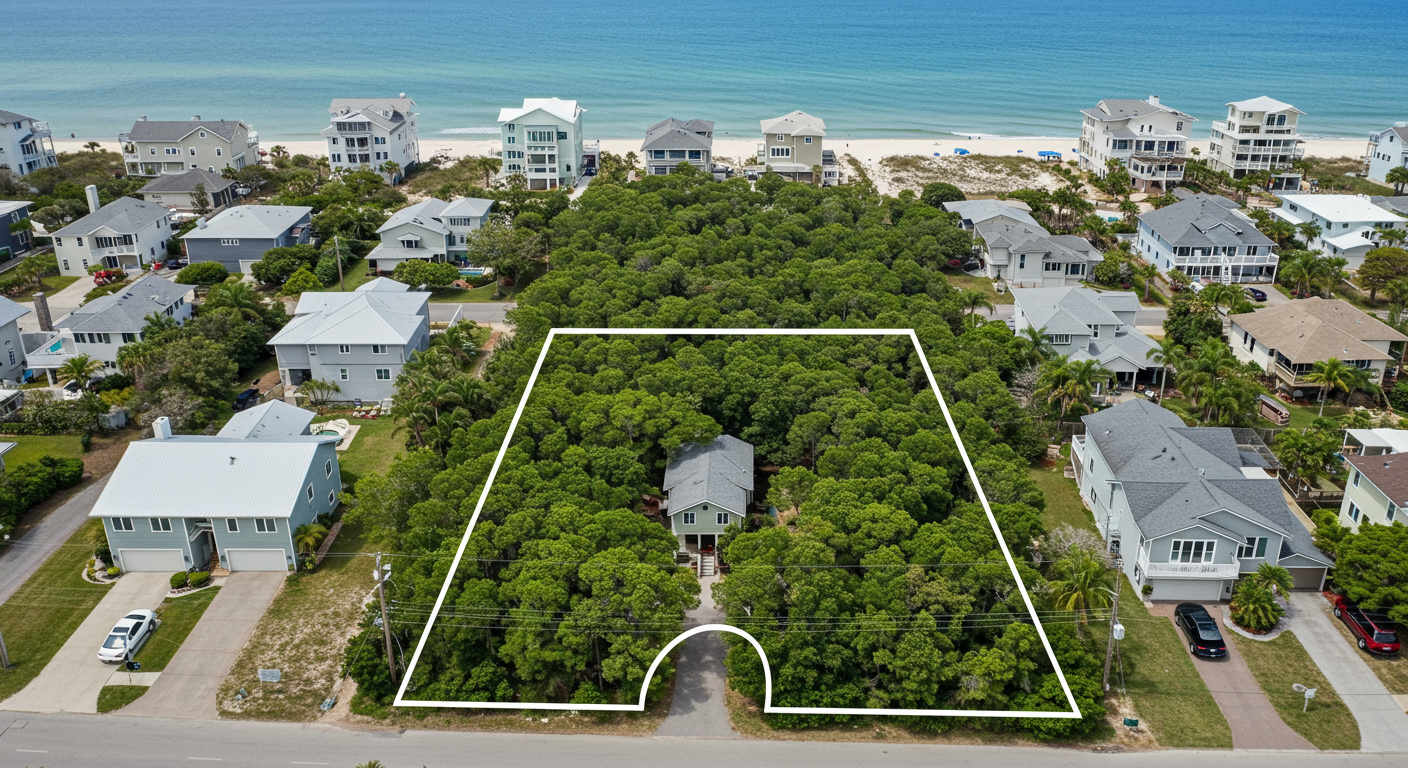 Aerial view of a wooded lot with a small house, outlined boundaries, and beach beyond.