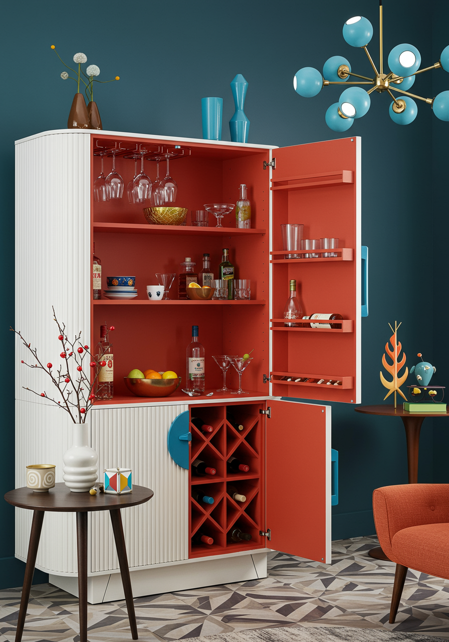 In the living room, a built-in bar with fluted MDF doors is unmissable when open yet disappears after last call.