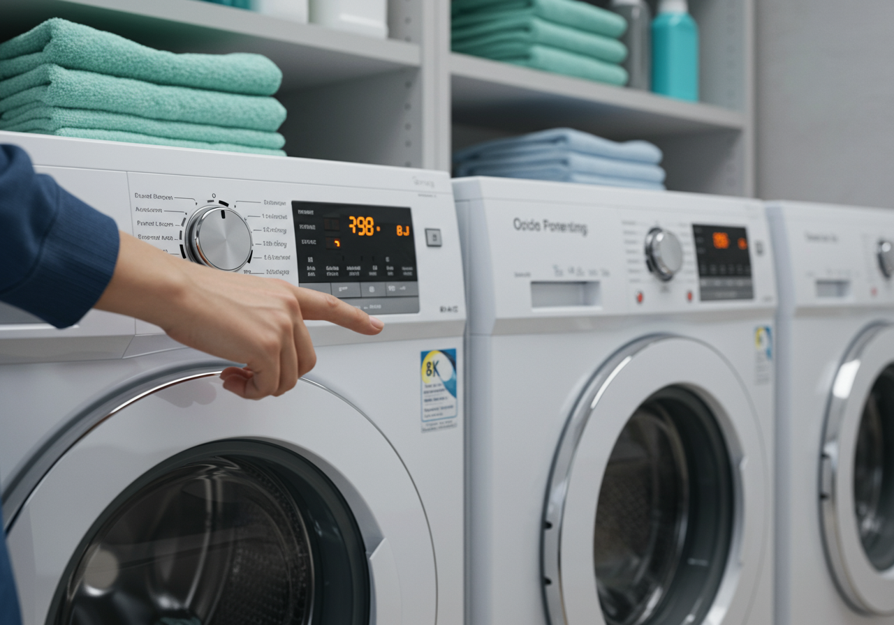 A close-up of a person’s hand starting their dryer. 
