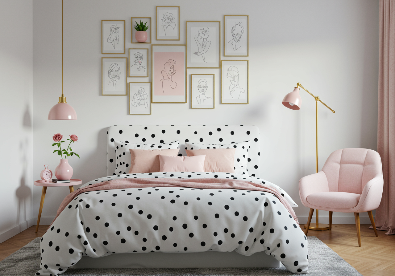A bedroom with a gallery wall above the headboard of the bed.