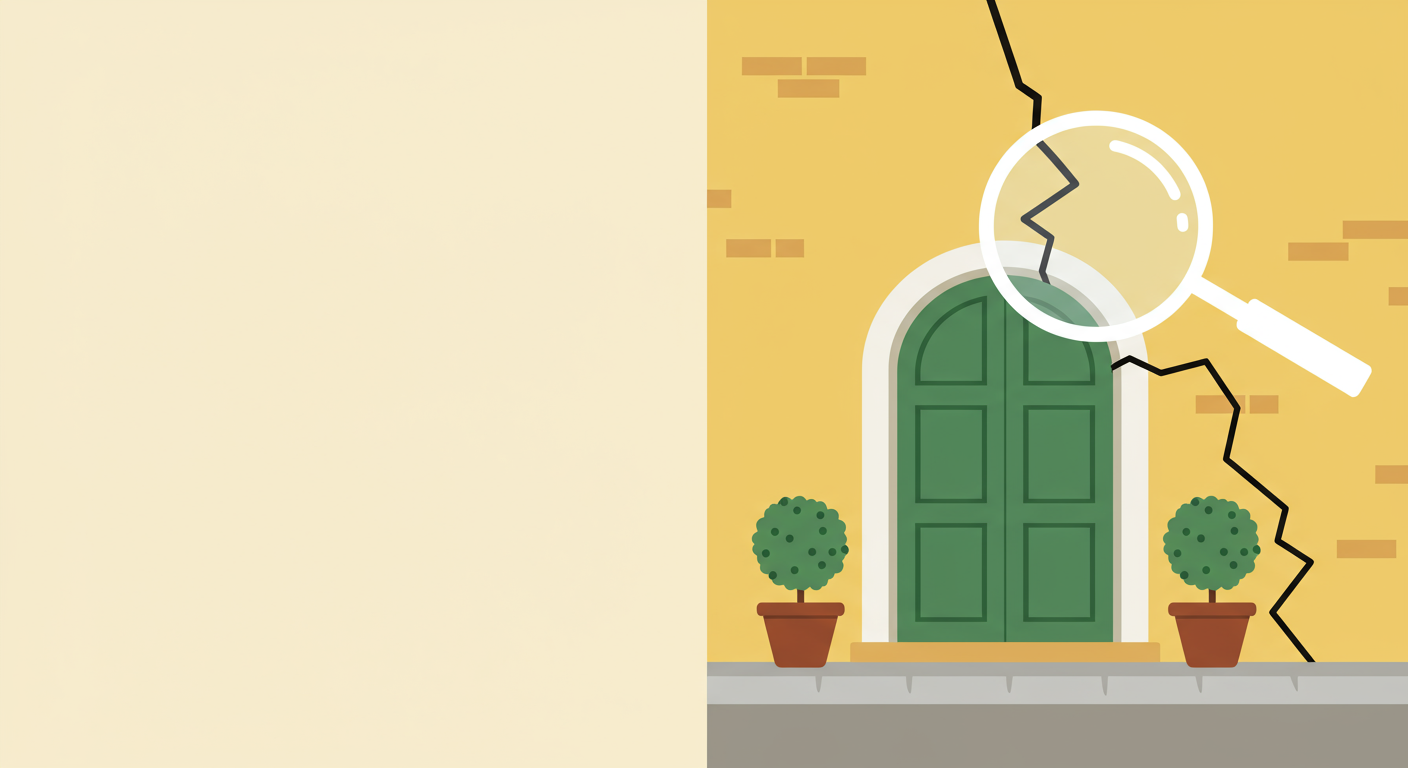 Illustration of a cracked wall and green doorway inspected with a magnifying glass.