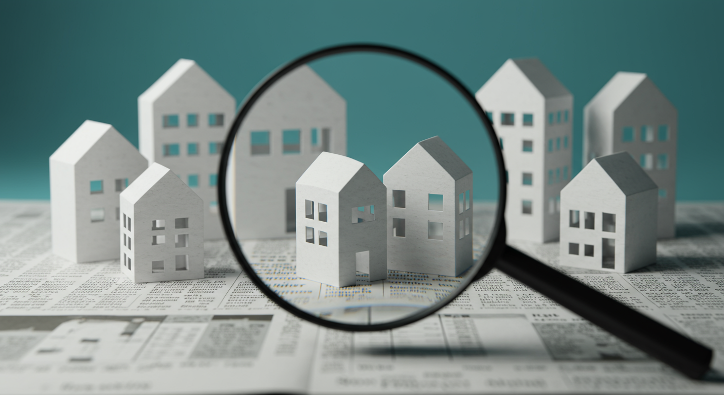 Magnifying glass in front of an open newspaper with paper houses.
