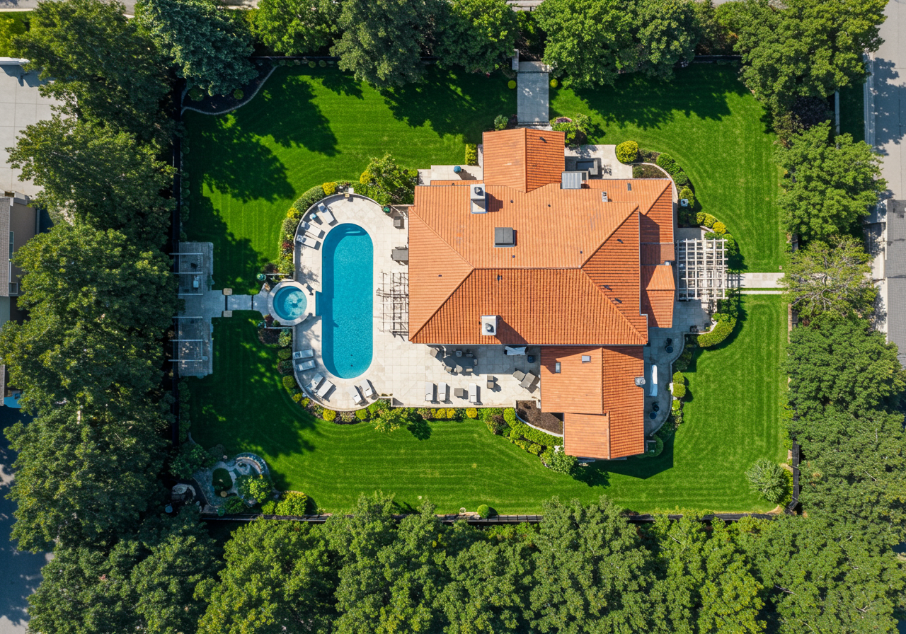 Aerial view of 16924 Crescent Creek and grounds including pool, center courtyard and private side garden