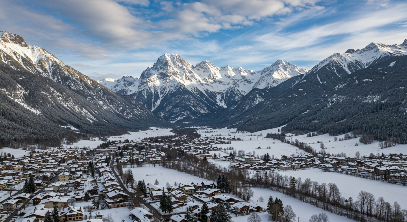 Aerial view of snow-covered Telluride, Colorado, nestled in a valley with surrounding mountains.