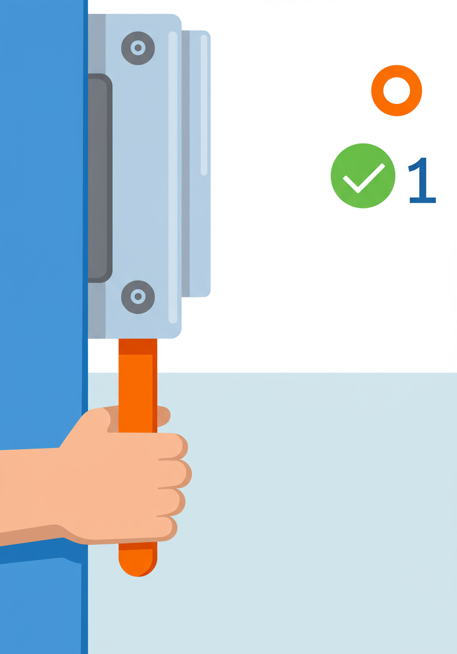 Tip 01: A hand grips an orange lever handle on a blue door beside a green check mark.